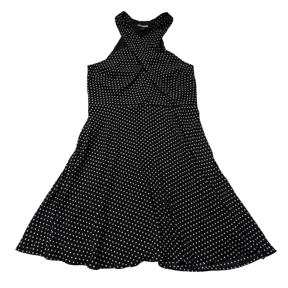 Express Black White Polka Dot Halter Crisscross Fit Flare‎ Dress Womens 10